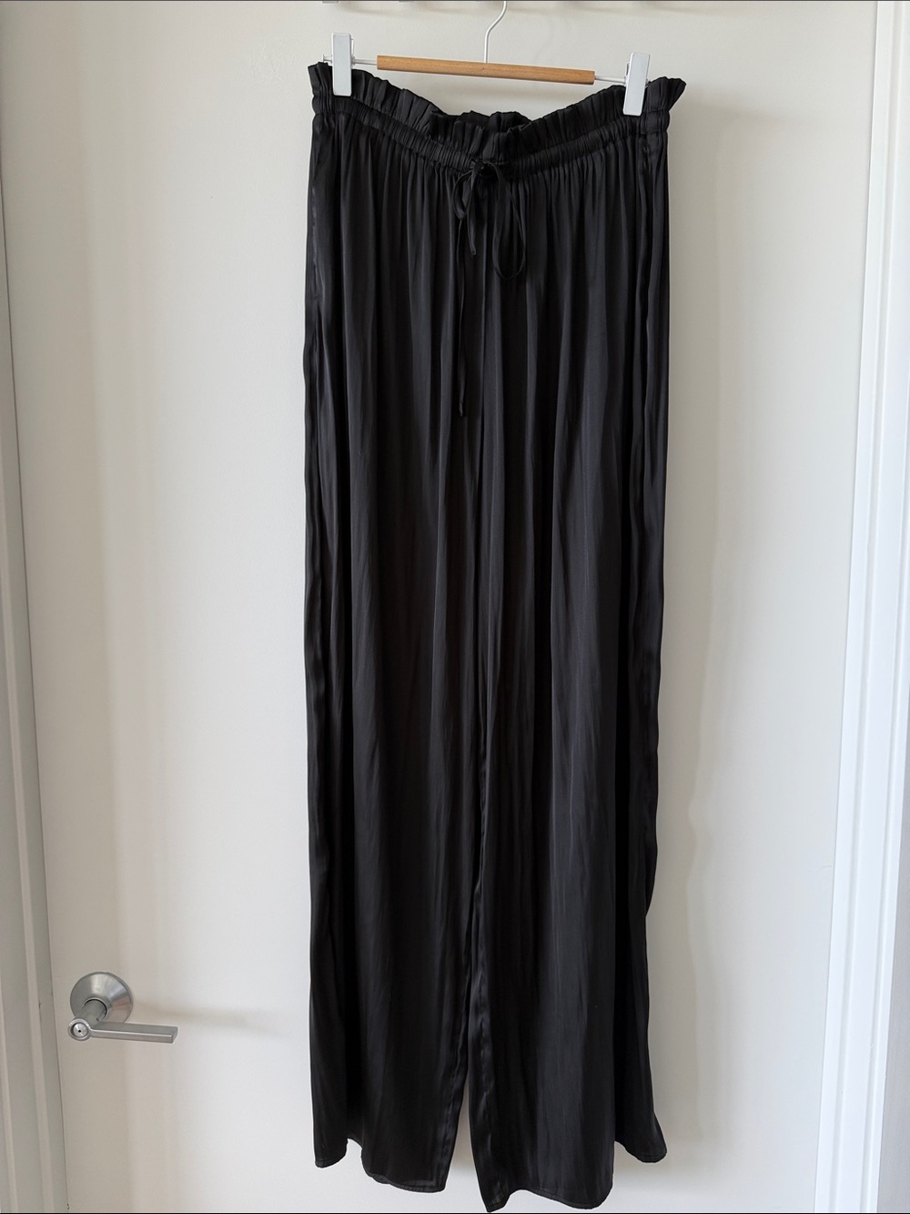 Pookie & Sebastian Black Wide-Leg Drawstring Satin Pants
